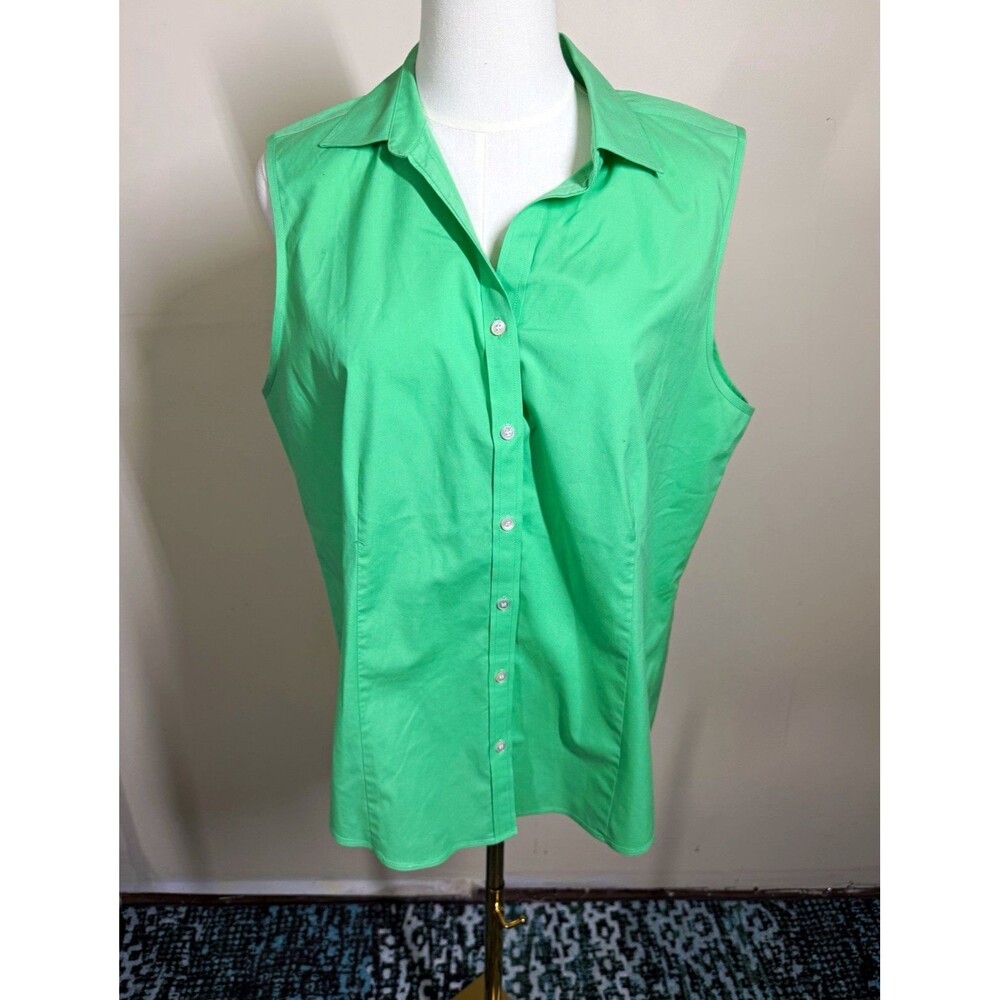 Talbots Womens Button-Up Shirt 16 Green Solid Collared Sleeveless 354
